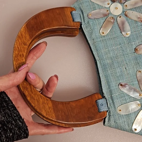 Vintage MOP accents wood handle bag purse 60s style material retro EUC - Picture 7 of 10